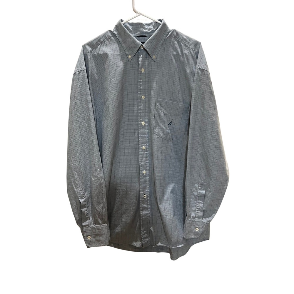 Nautica Mens XL Blue Windowpane Check 100s Two-Ply Cotton Button Down Shirt